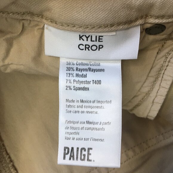 PAIGE 5 Pocket Oak Sand Destructed KYLIE Crop Raw Fray Hem Distressed Jeans - Picture 3 of 14